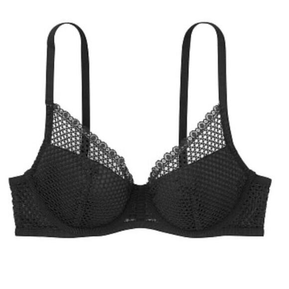 VICTORIA'S SECRET LUXE LINGERIE FISHNET BLACK LACE 3/4 CUP PUSH UP BRA 34D NWT - Picture 2 of 11